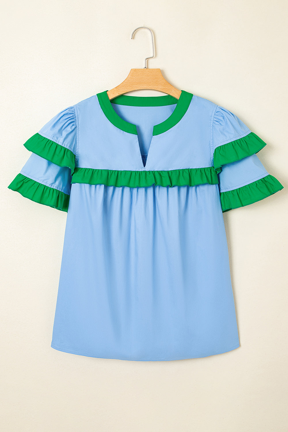 Mist Blue Ruffle Trim V-Neck Puff Sleeve Blouse - The Fair Lady Shop