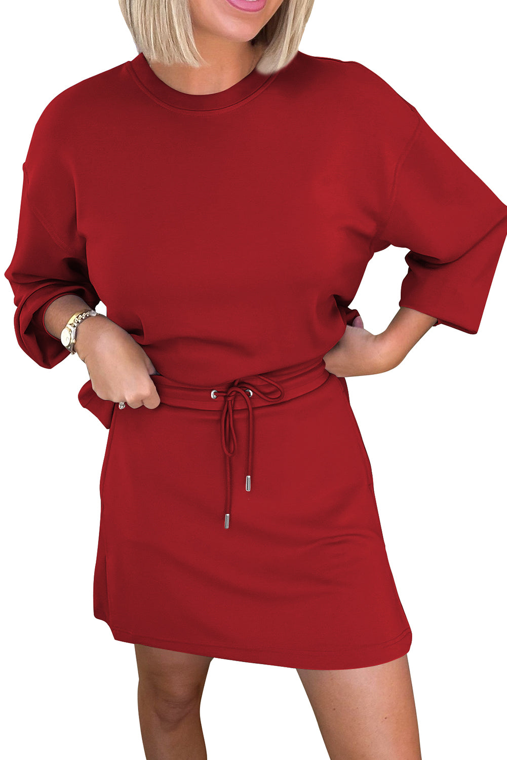 Racing Red Solid Color Drop Shoulder Pullover Drawstring Mini Skirt Set