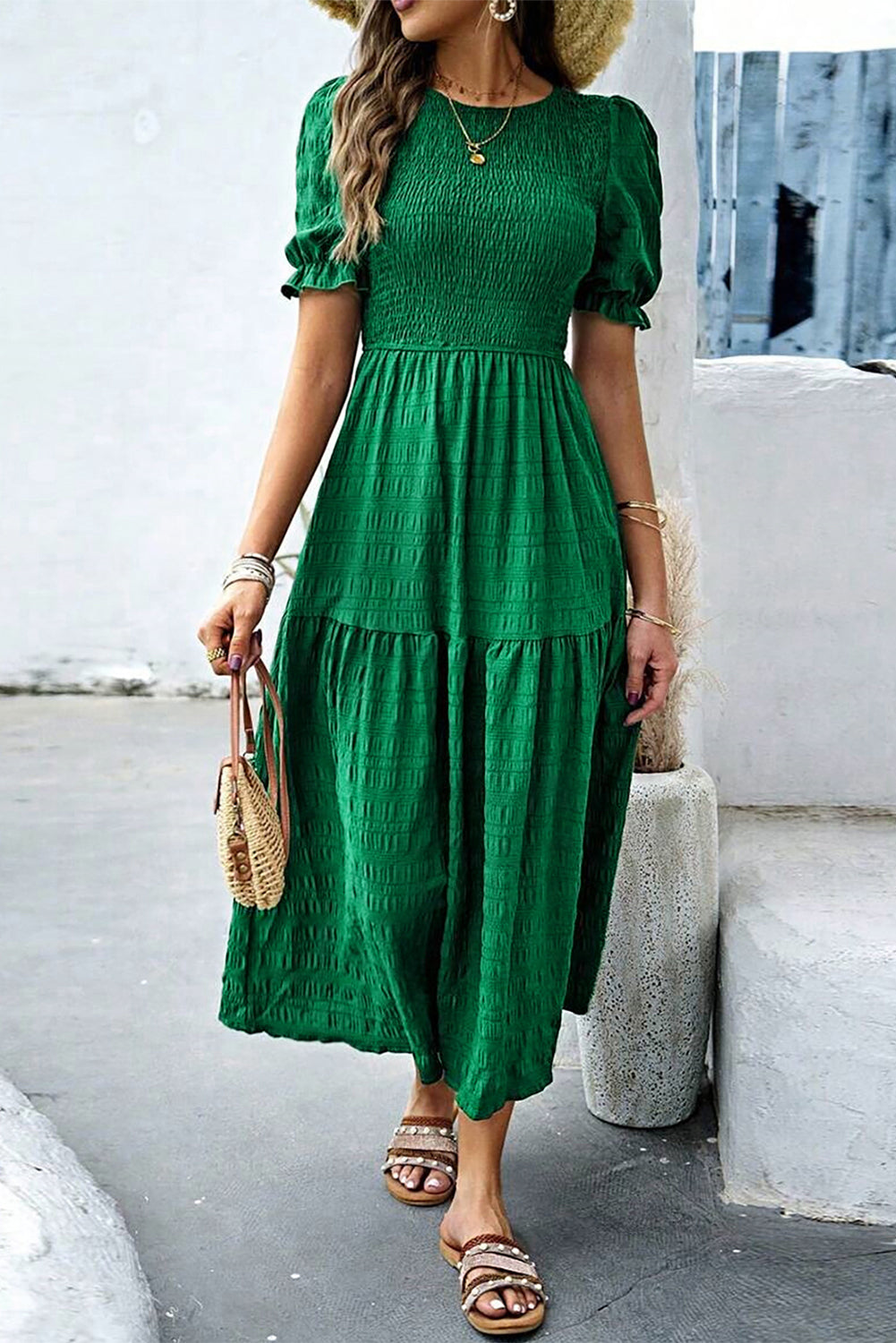 Dark Green Solid Textured Shirred High Waist Midi Dress - The Fair Lady Shop
