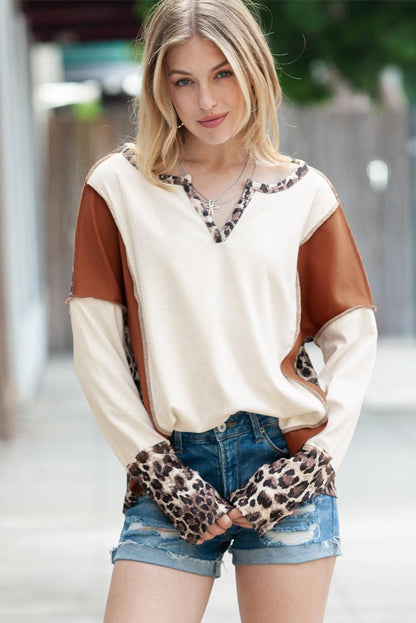 White Leopard Patchwork Notch Neck Thumbhole Long Sleeve Top - The Fair Lady Shop