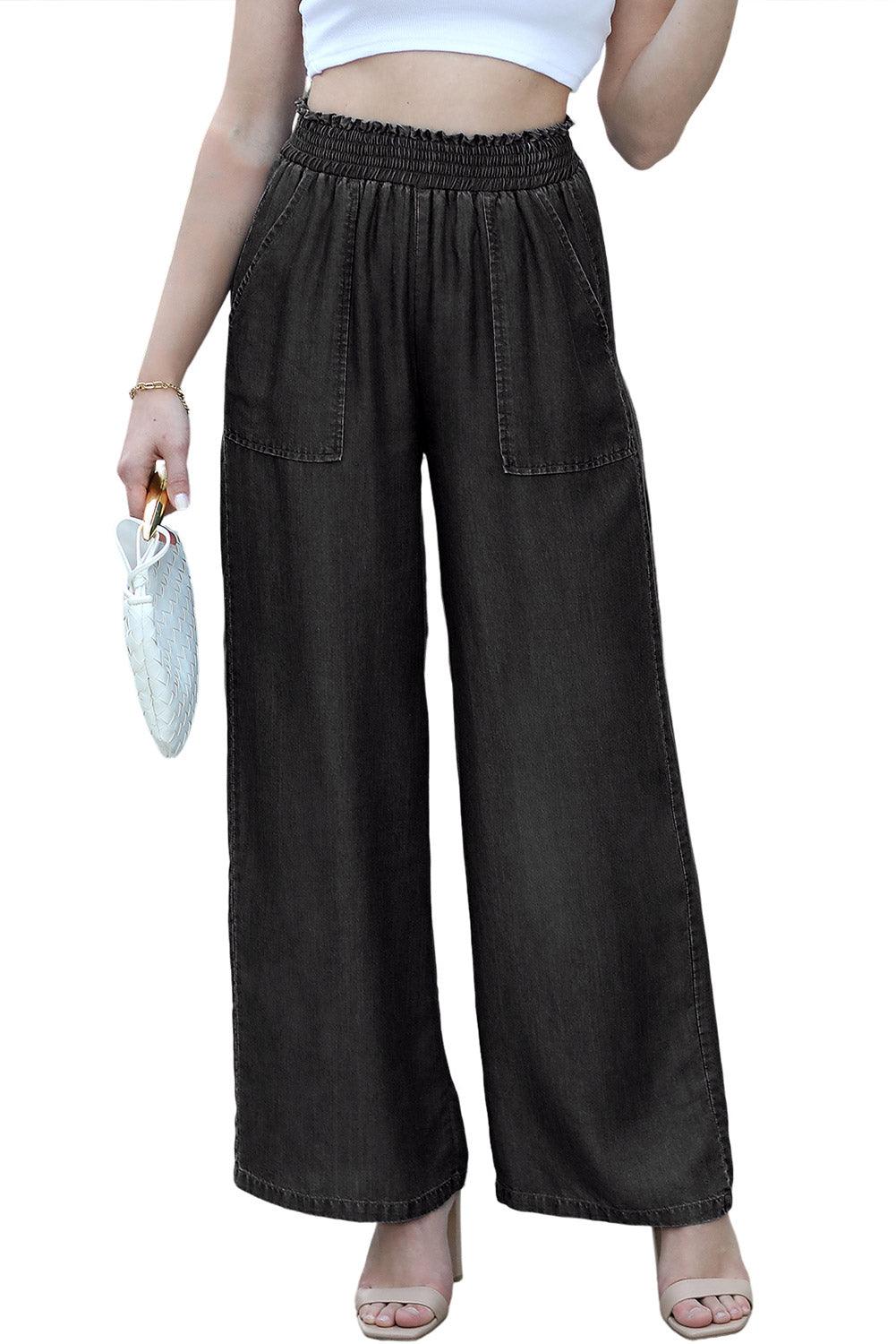 Black Side Pockets Frilled Smocked High Waist Wide Leg Jeans - The Fair Lady Shop