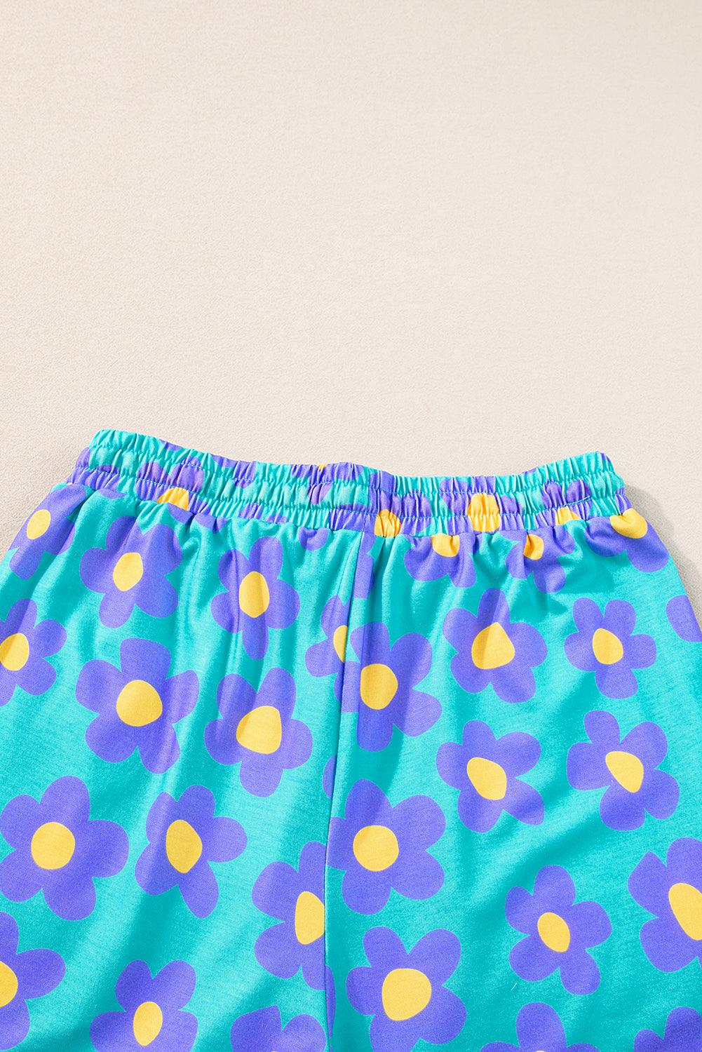 Green Flower Print Buttoned Shirt and Drawstring Waist Pajama Set - The Fair Lady Shop