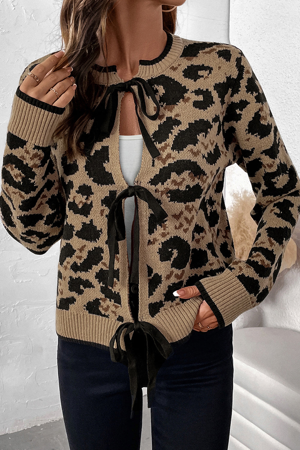 Brown Leopard Print Bow Tie Knit Cardigan - The Fair Lady Shop