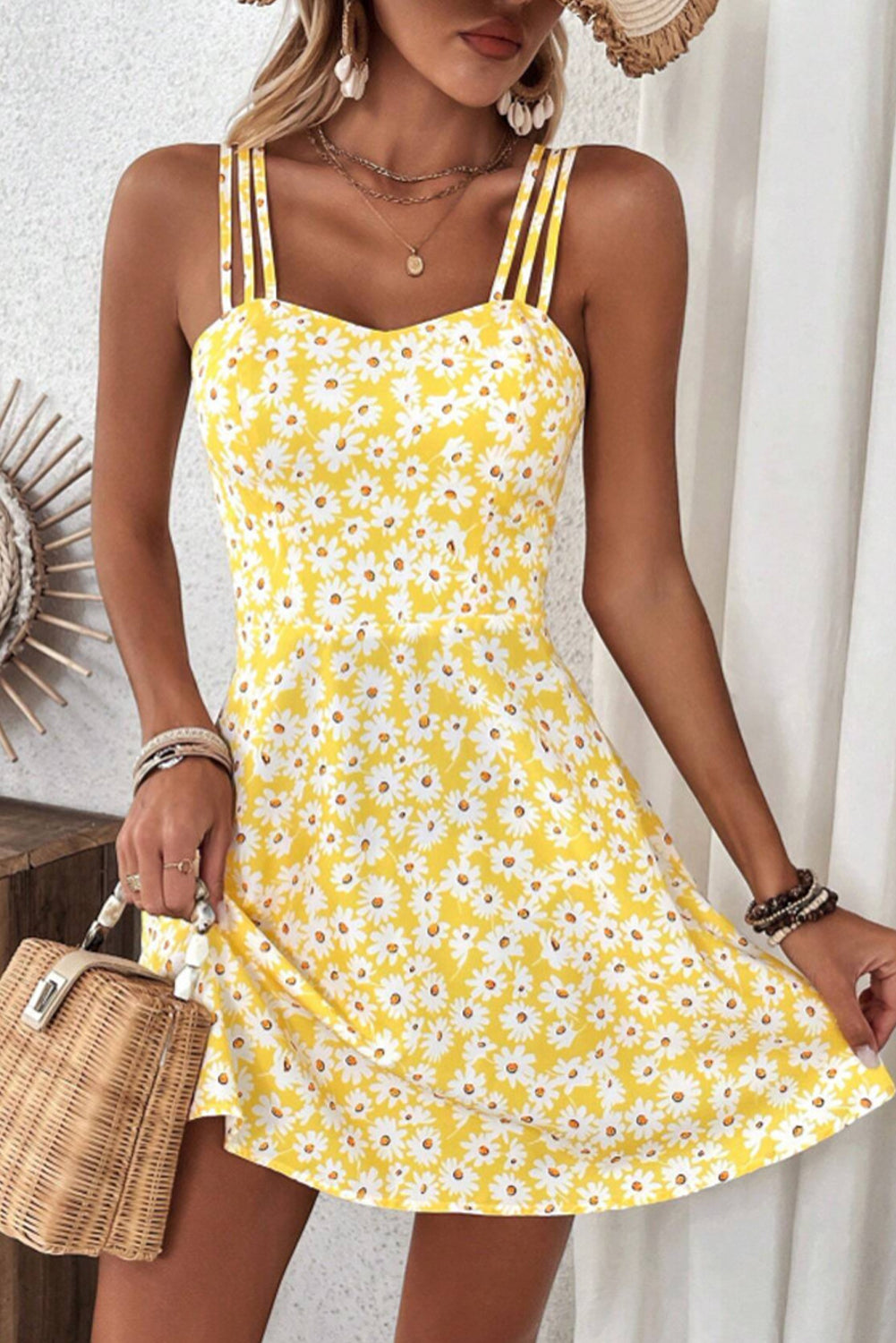 Yellow Floral Print Camisole Mini Dress - The Fair Lady Shop
