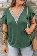 Blackish Green Plus Size Contrast V Neck Draped Sleeve Blouse - The Fair Lady Shop