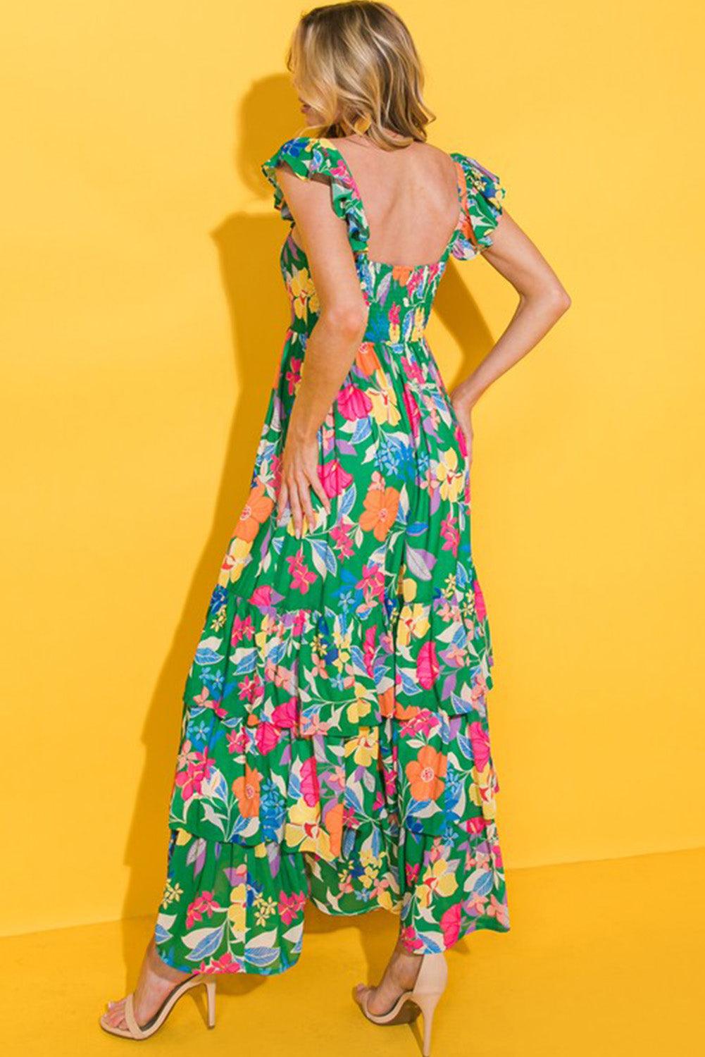 Pink Floral Print Sleeveless Ruffle Tiered Maxi Dress - The Fair Lady Shop
