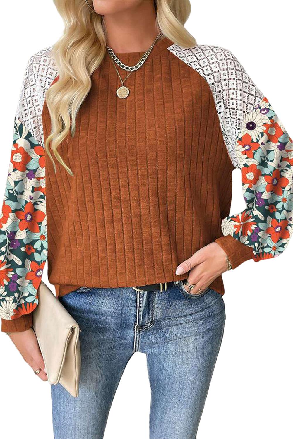 Laurel Green Floral Patchwork Raglan Sleeve Ribbed Blouse - The Fair Lady Shop