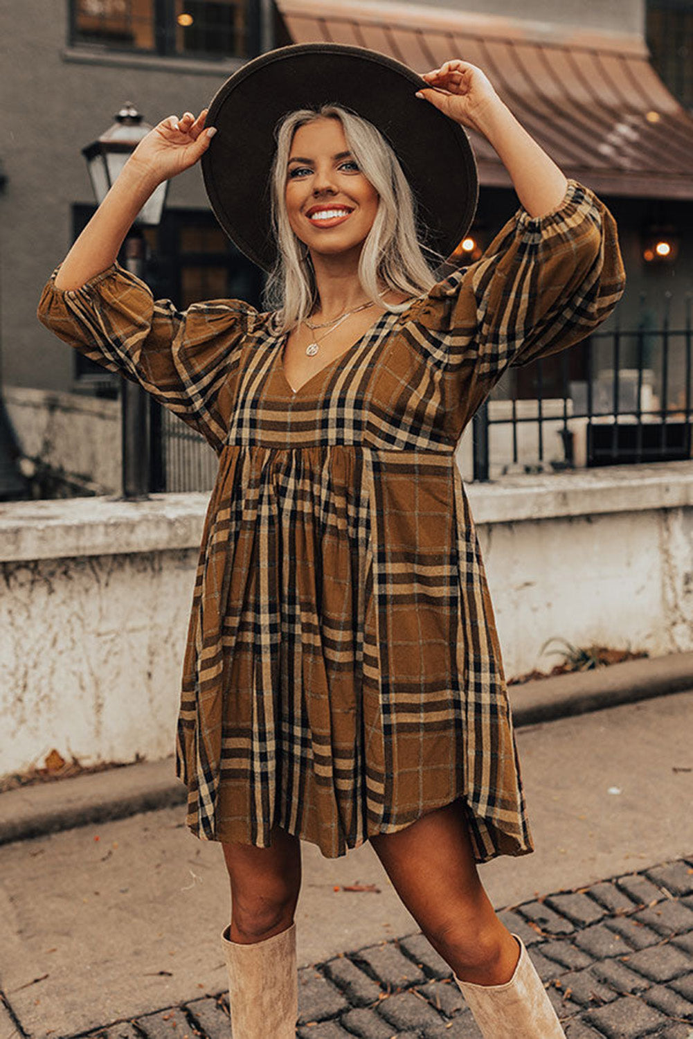 Brown Plaid Pattern Empire Waist Babydoll Dress - The Fair Lady Shop