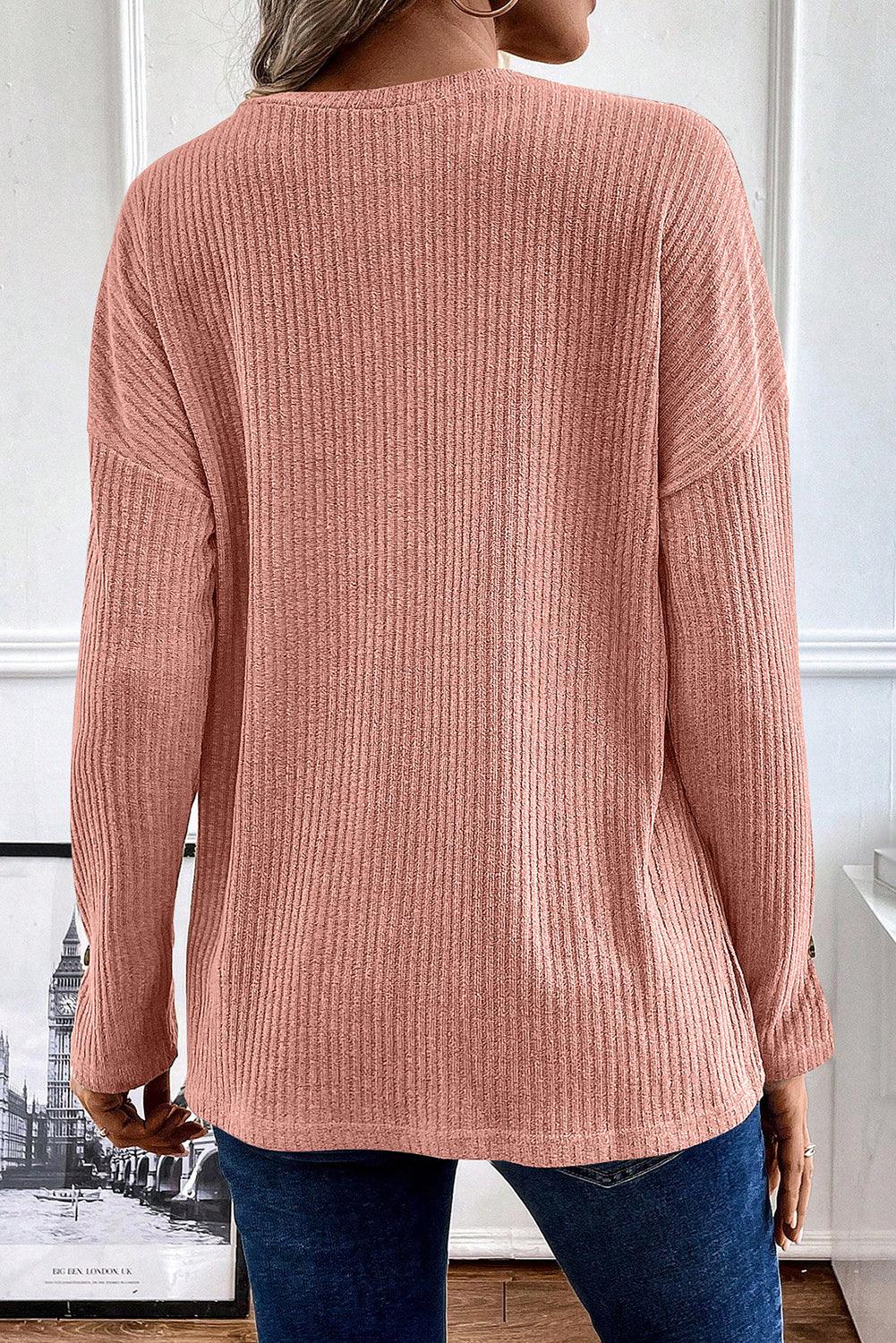 Rose Drop Shoulder Ribbed Knit Long Sleeve Henley Top - The Fair Lady Shop