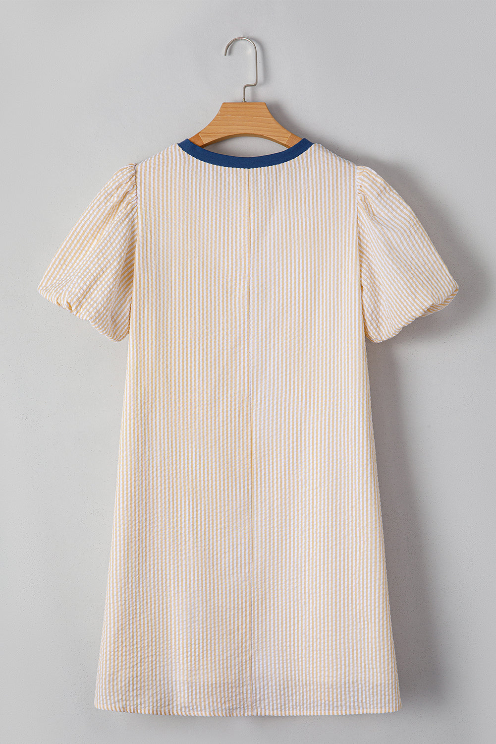 Beige Striped Print Puff Sleeve Textured Mini Dress - The Fair Lady Shop