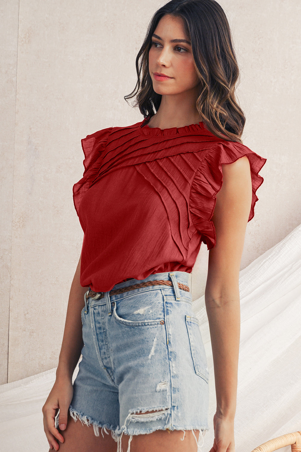 Red Dahlia Frill Neck Solid Color Pleated Blouse - The Fair Lady Shop