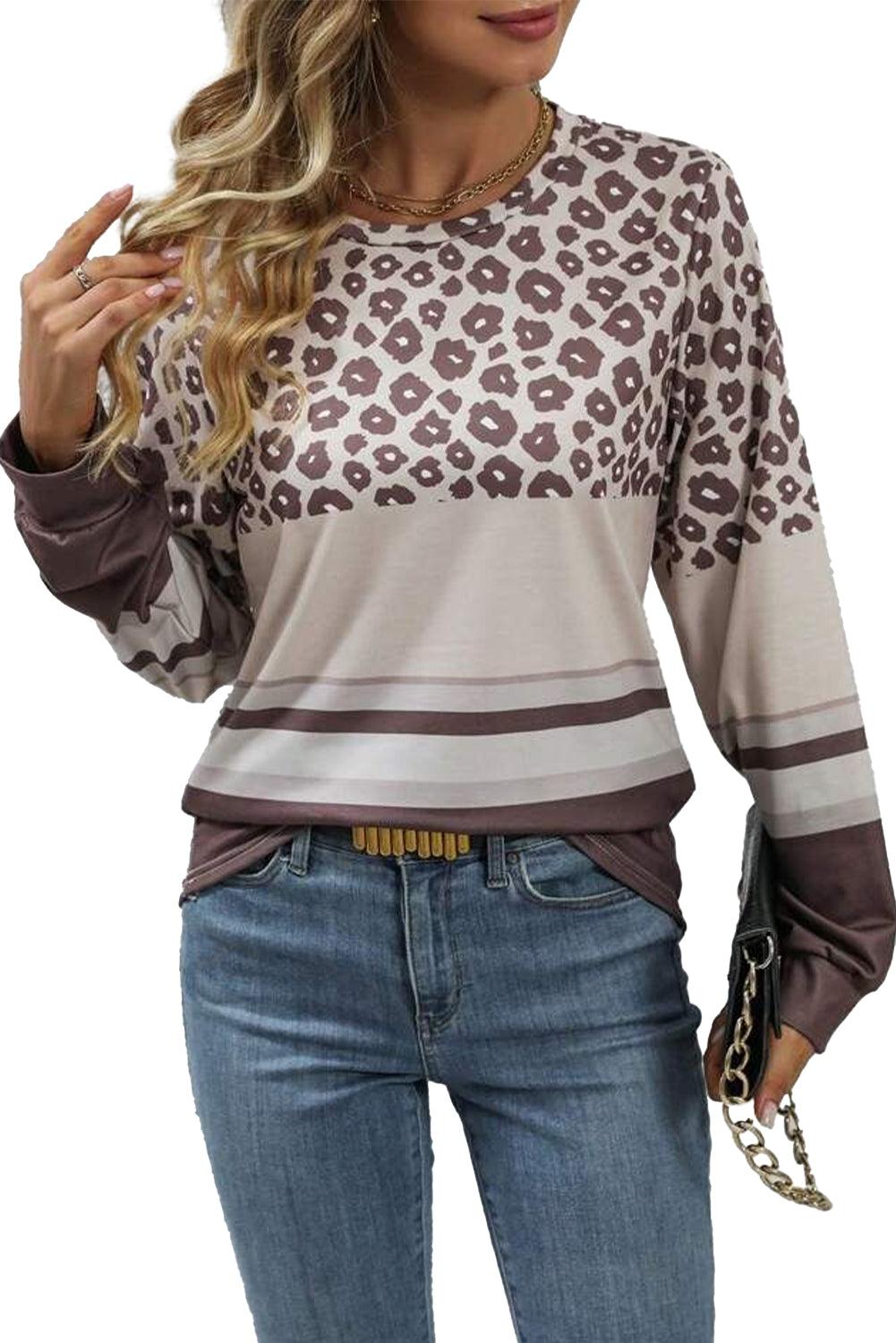 Khaki Leopard Striped Color Block Long Sleeve Top - The Fair Lady Shop