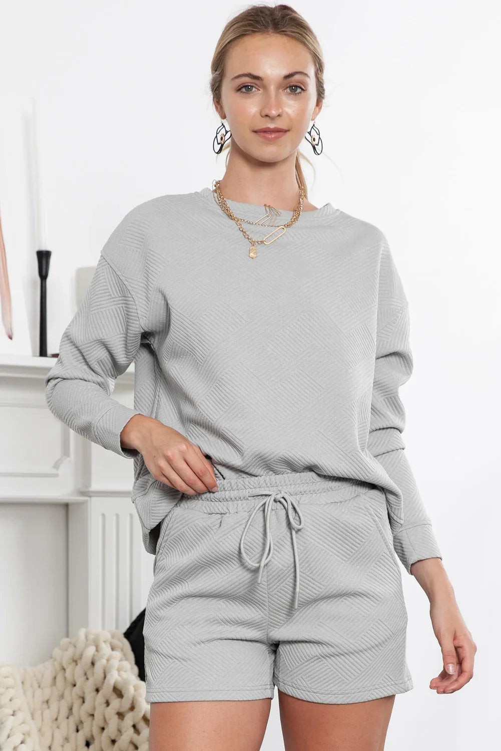 Gray Textured Long Sleeve Top & Drawstring Shorts Set - The Fair Lady Shop