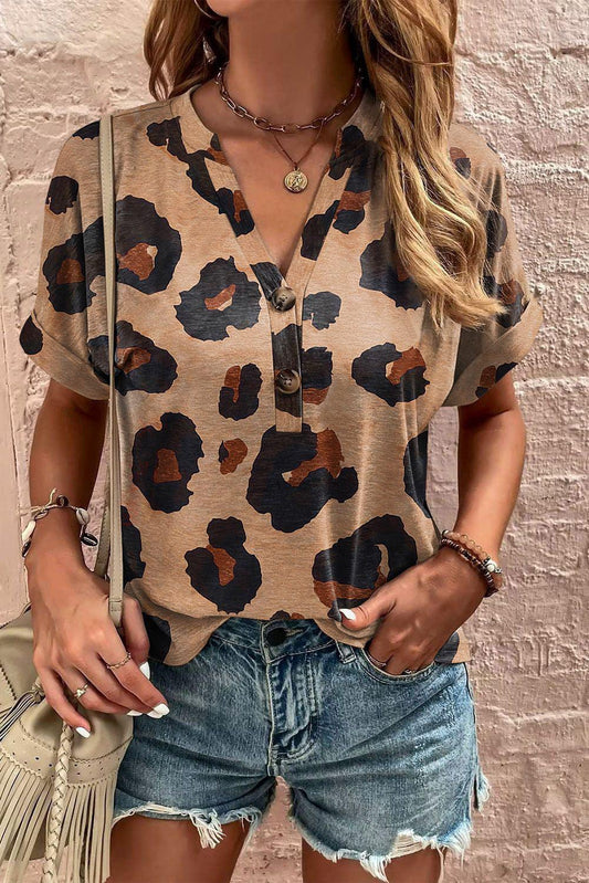 Light Beige Leopard Print Button V Neck T Shirt - The Fair Lady Shop