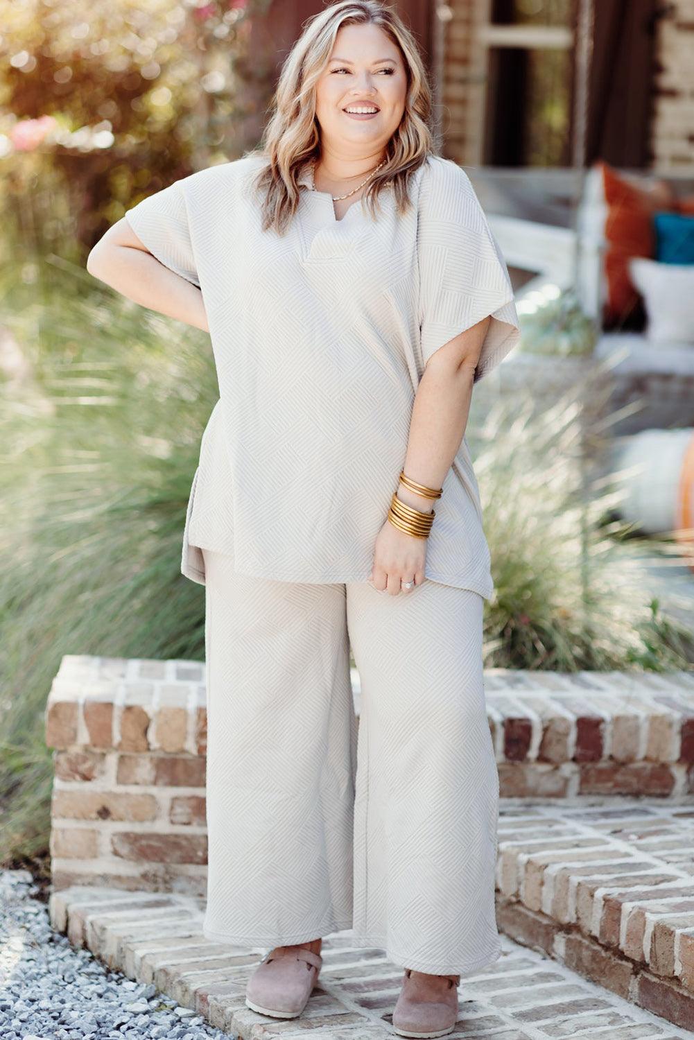 Beige Plus Size Textured Collared Top and Drawstring Pants Set - The Fair Lady Shop