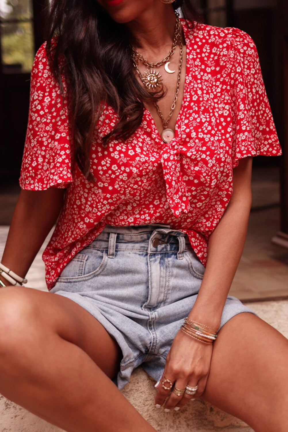 Red Boho Floral Print Half Sleeve Knotted V Neck Blouse - The Fair Lady Shop
