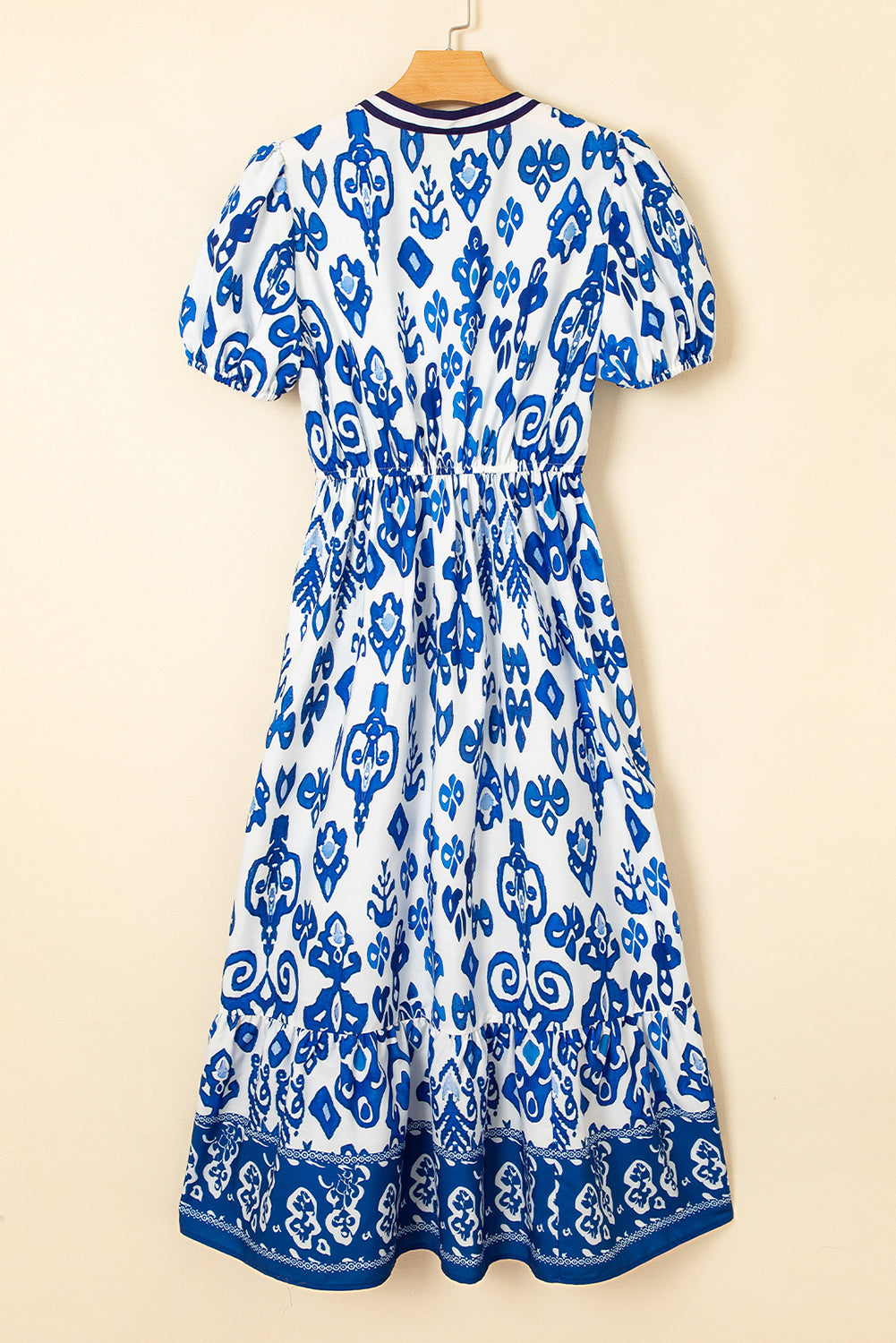 Blue Floral Ruffle Hem Pop of Color Neckline Dress - The Fair Lady Shop