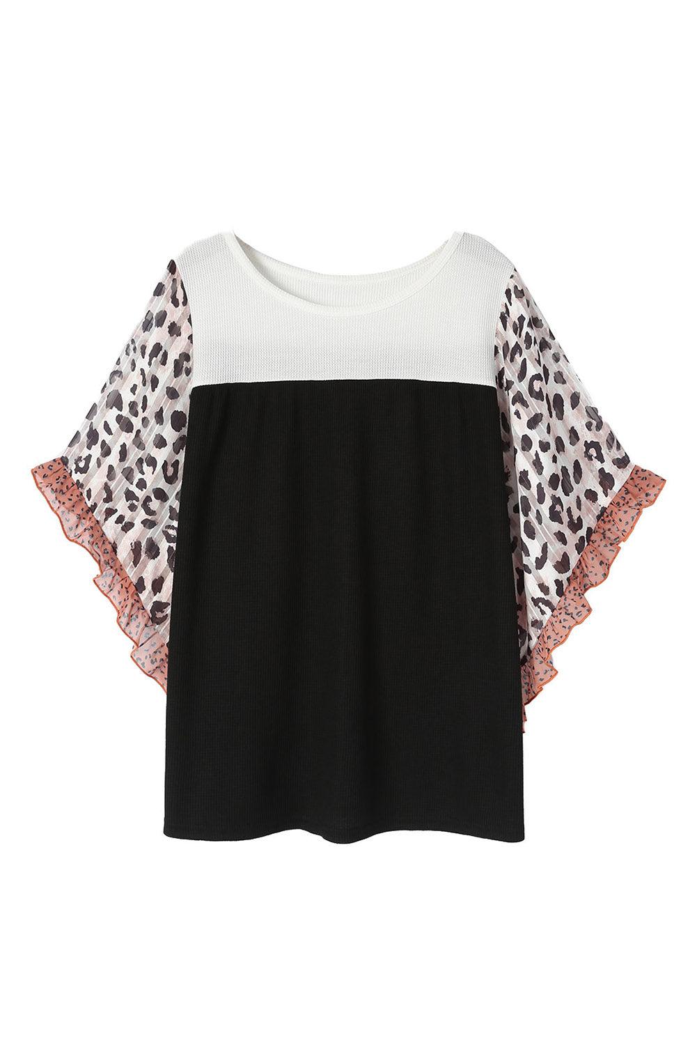 Black Rib Knit Animal Print Ruffle Sleeves Plus Size Top - The Fair Lady Shop