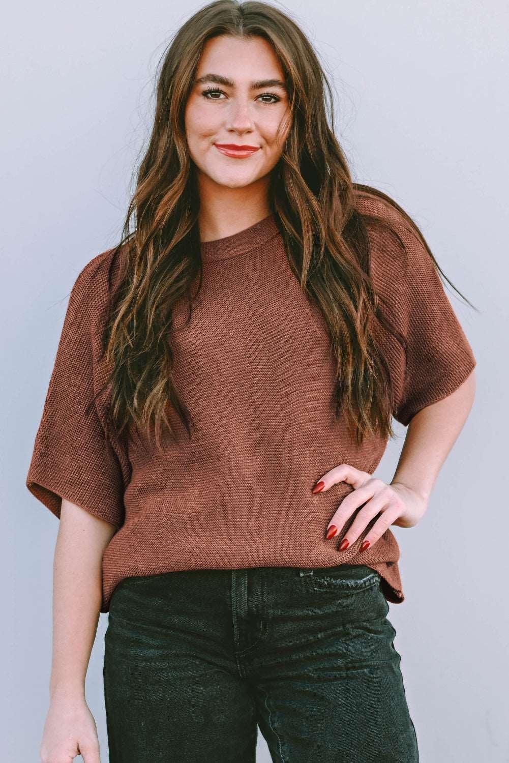 Apricot Mock Neck Short Batwing Sleeve Sweater - The Fair Lady Shop