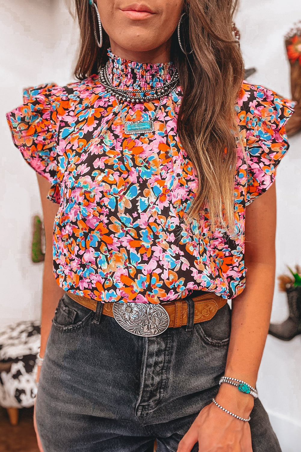 Orange Floral Print Shirred Stand Neck Flutter Shoulder Blouse - The Fair Lady Shop