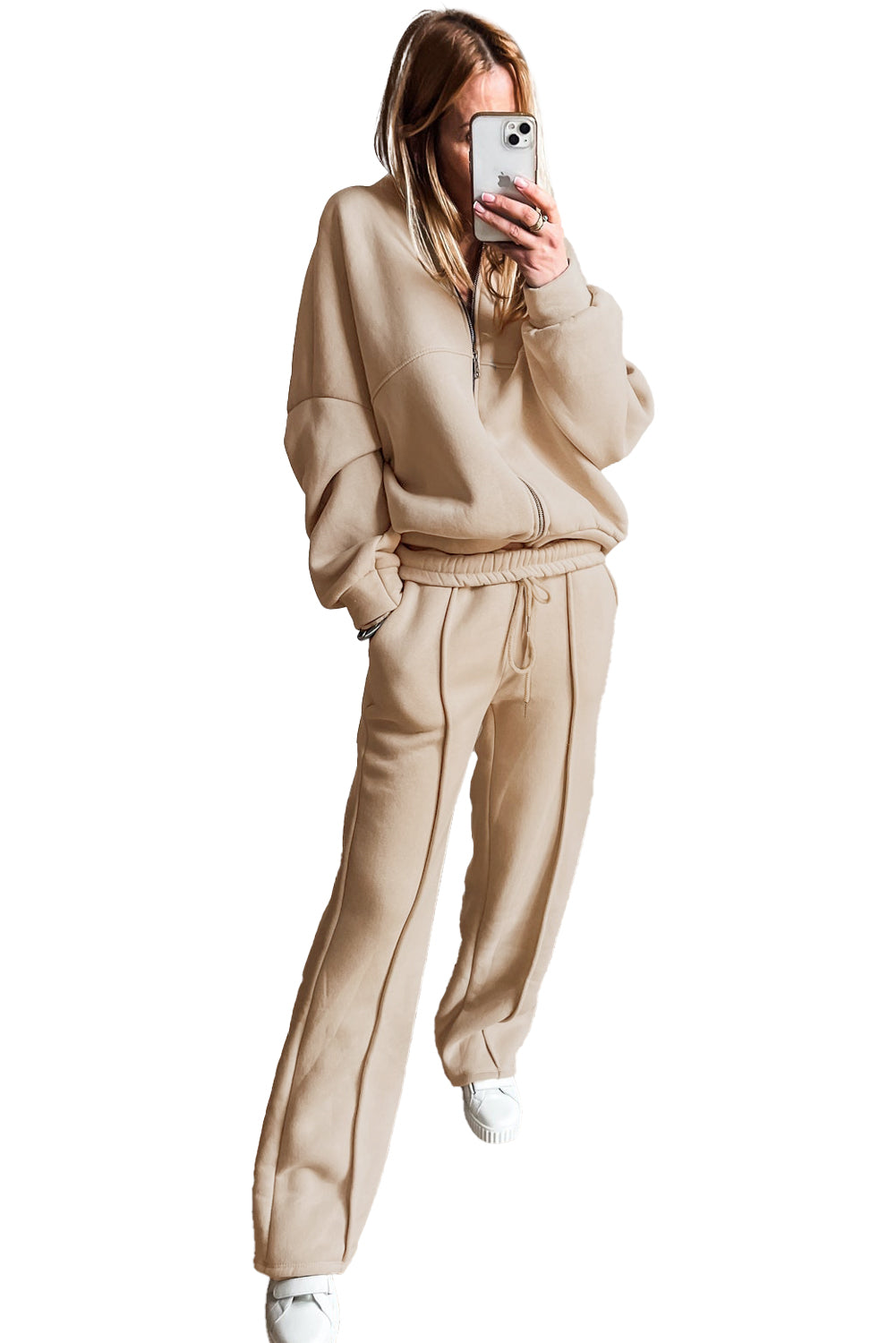 Apricot Seamed Zipper Jacket and Drawstring Waist Pants Set - The Fair Lady Shop