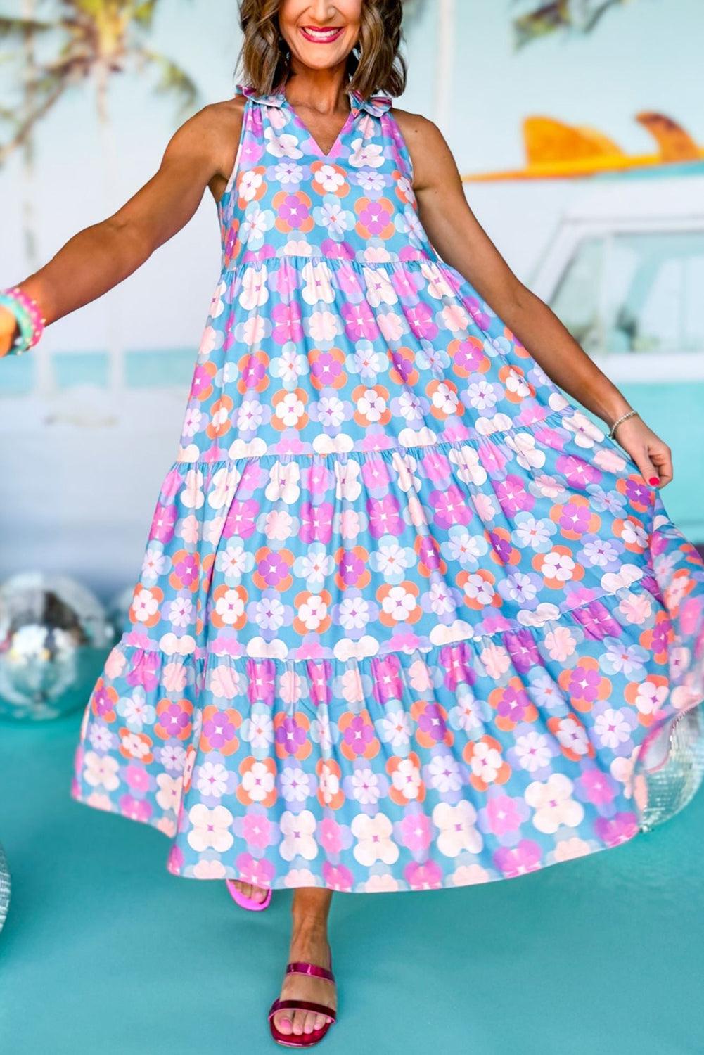 Sky Blue 60s Flower Split Neck Sleeveless Tiered Maxi Dress - The Fair Lady Shop