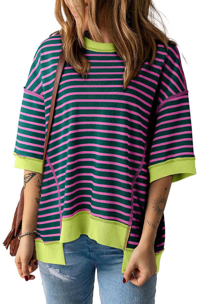 Pink Stripe Colorblock Drop Sleeve Oversized T Shirt - The Fair Lady Shop