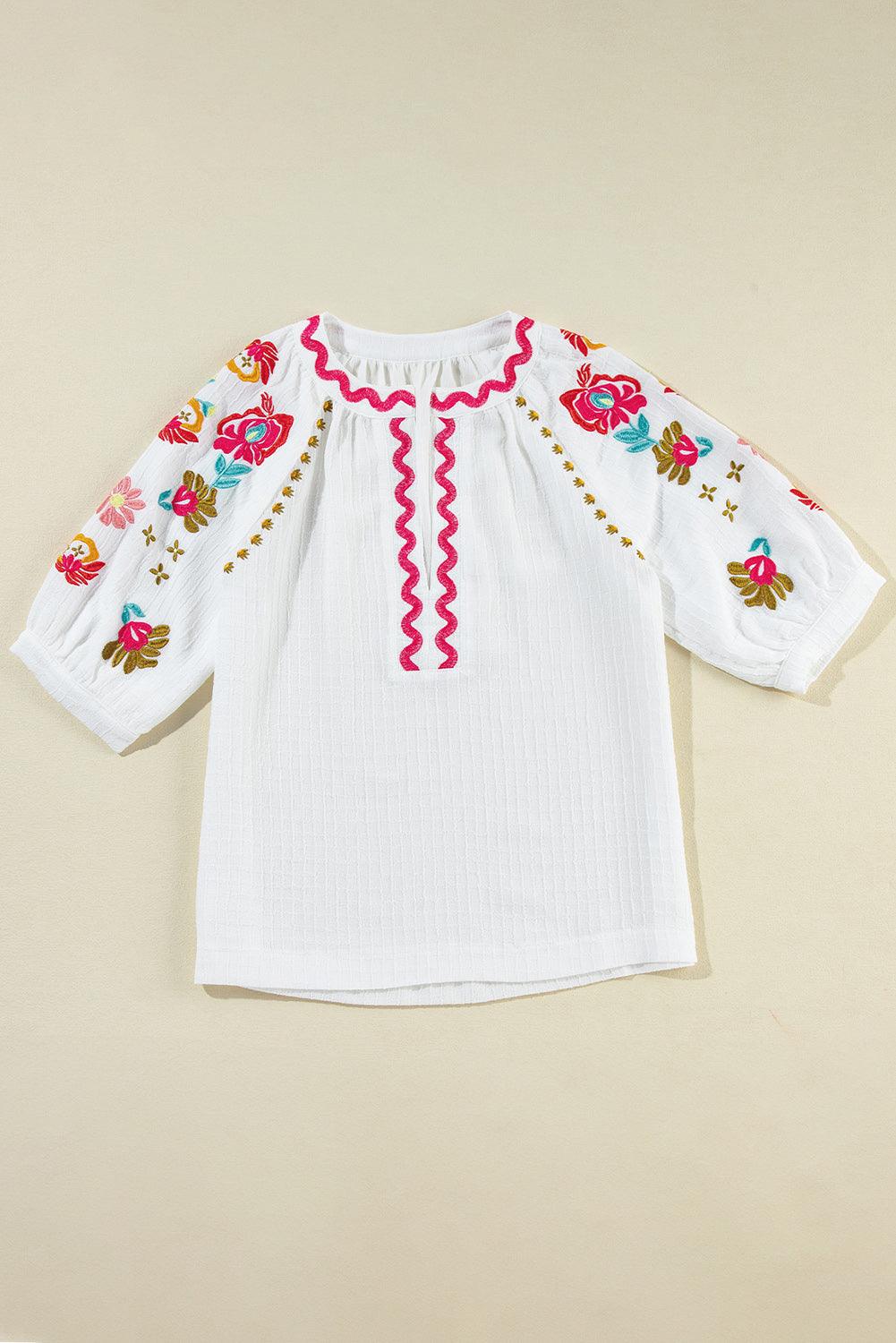 White Floral Embroidered Ricrac Puff Sleeve Textured Blouse - The Fair Lady Shop