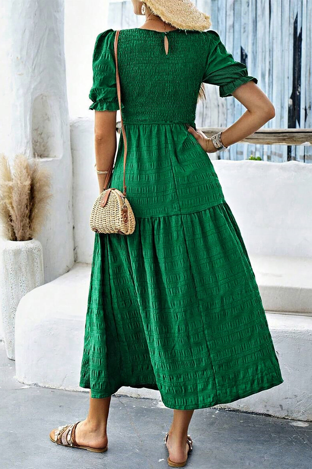 Dark Green Solid Textured Shirred High Waist Midi Dress - The Fair Lady Shop