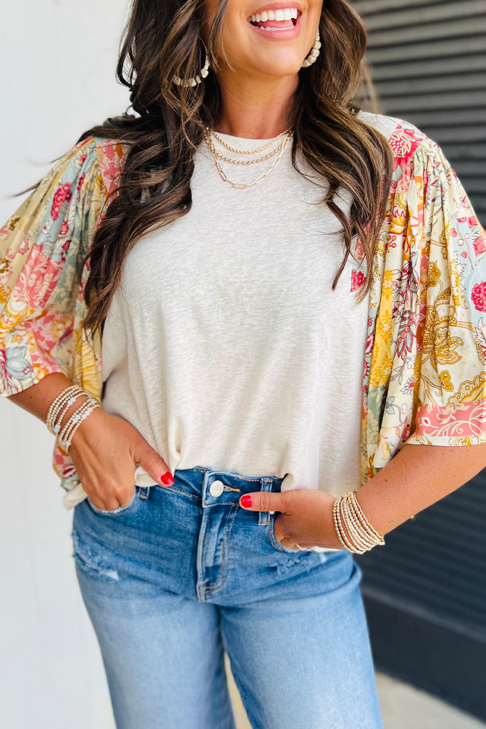 Beige Floral Patchwork Batwing Sleeve Blouse - The Fair Lady Shop