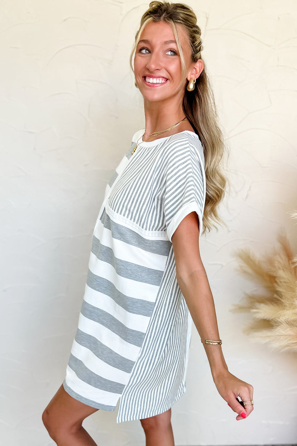 Gray Stripe Mixed Printed Short Sleeve Shift Mini T Shirt Dress - The Fair Lady Shop