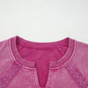 Rose Red Lace Applique Notched Neck Mineral Wash Baggy Sweatshirt