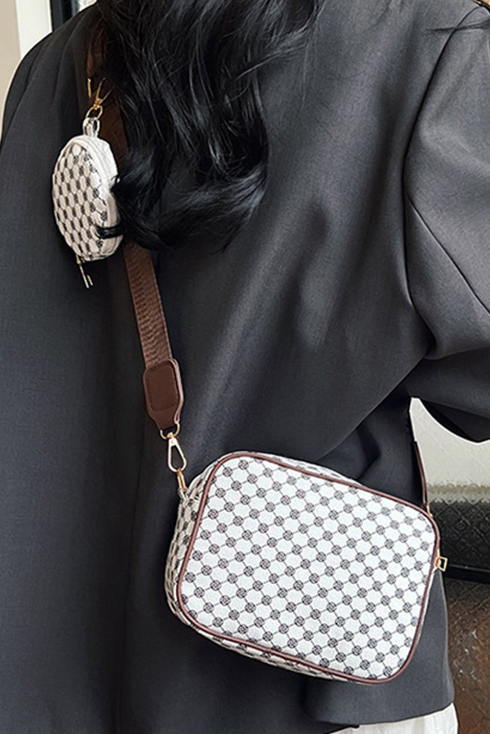White Geometric Pattern Shoulder Bag With Coin Purse - The Fair Lady Shop