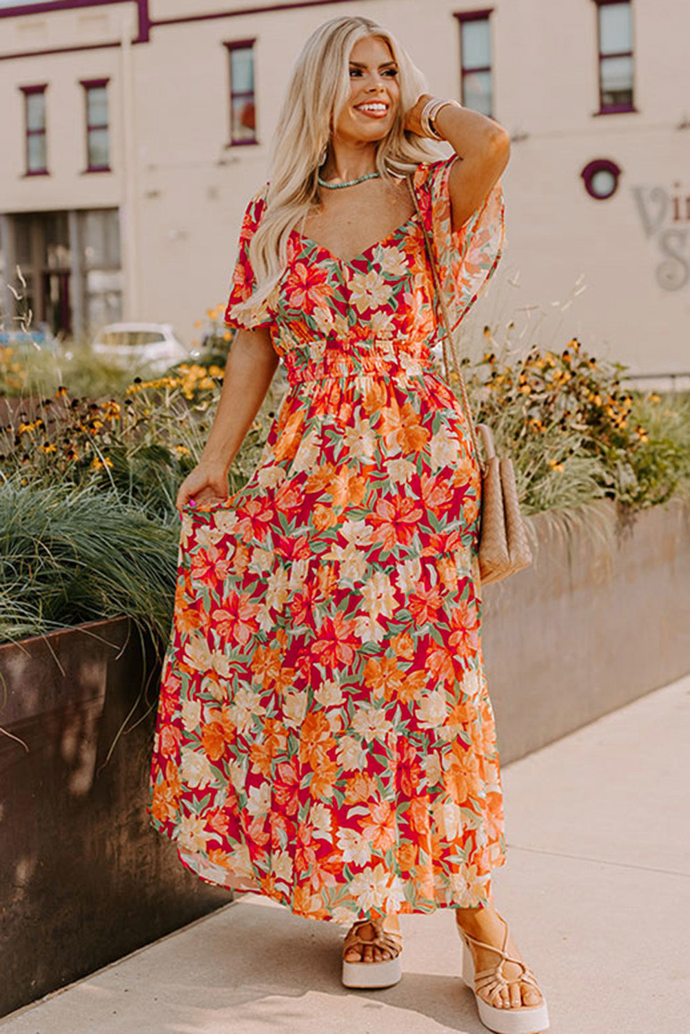 Orange Plus Size Floral V Neck Cinched Waist Maxi Dress - The Fair Lady Shop