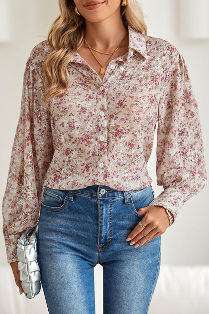 Pink Ditsy Floral Print Bishop Sleeve Collared V Neck Shirt - The Fair Lady Shop