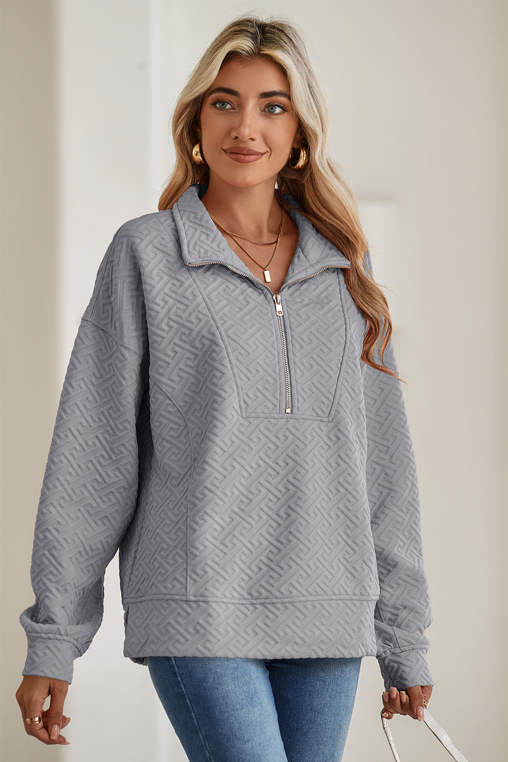 Gray Textured Half Zipper Collared Sweatshirt - The Fair Lady Shop