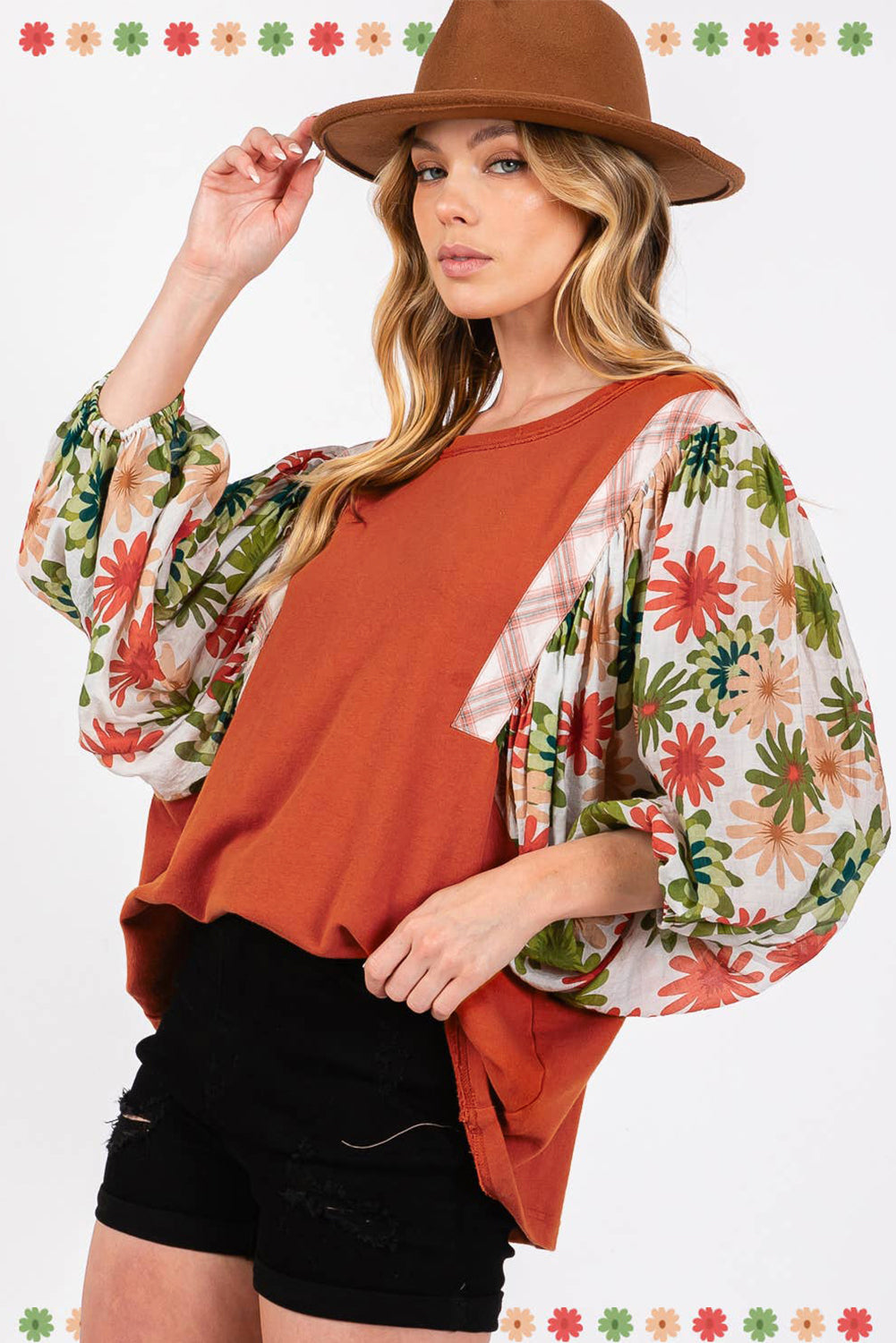 Desert Gold Floral Patchwork Sleeve Loose Top - The Fair Lady Shop