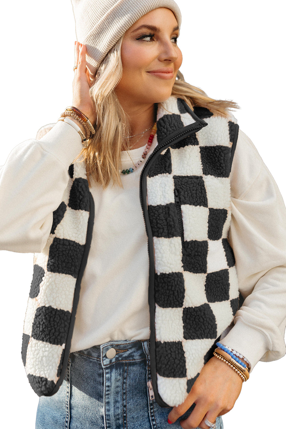 Black Checkered Sherpa Collared Jacket Vest - The Fair Lady Shop