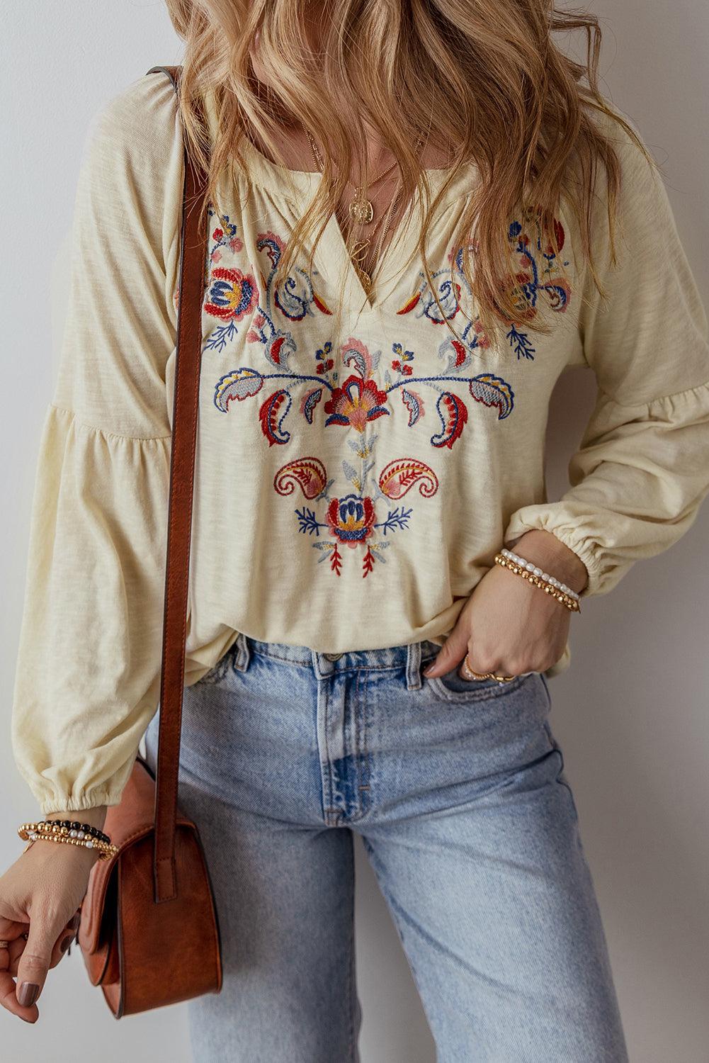 Apricot Paisley Floral Embroidered Notch V Neck Blouse - The Fair Lady Shop