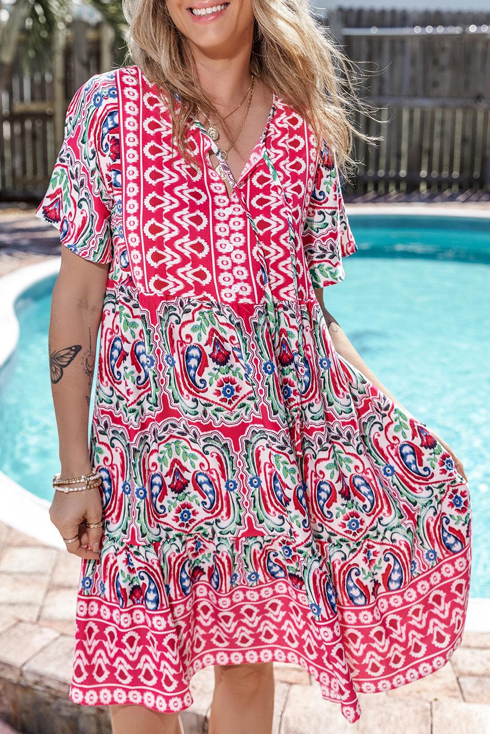 Orange Bohemian Tie Neck Flounce Sleeve Ruffle Hem Mini Dress - The Fair Lady Shop