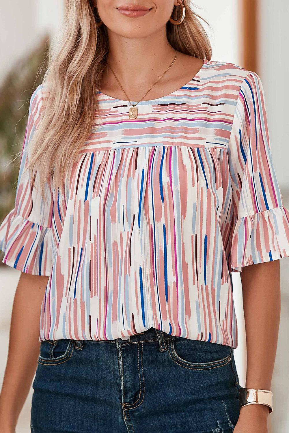 White Abstract Print Ruffle Half Sleeve Blouse - The Fair Lady Shop