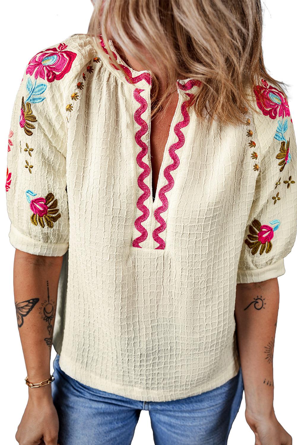 White Floral Embroidered Ricrac Puff Sleeve Textured Blouse - The Fair Lady Shop