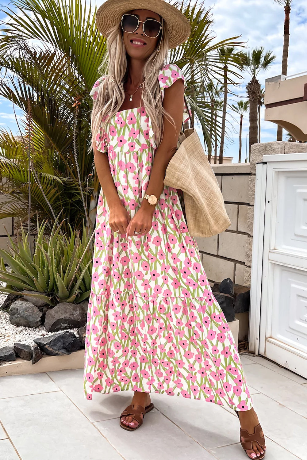 Pink Floral Print Square Neck Ruffled Strap Maxi Dress - The Fair Lady Shop