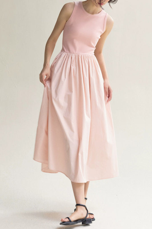 Light Pink Solid Color Knitted Patchwork Sleeveless Midi Dress - The Fair Lady Shop