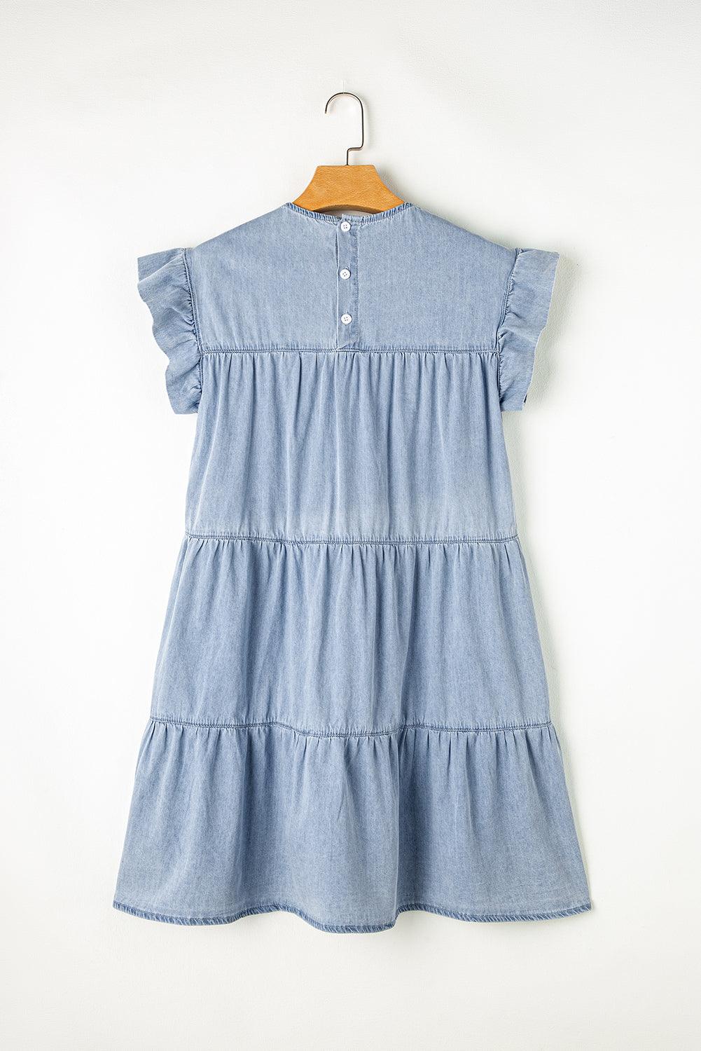 Beau Blue Ruffle Short Sleeve Tiered A-line Denim Dress - The Fair Lady Shop