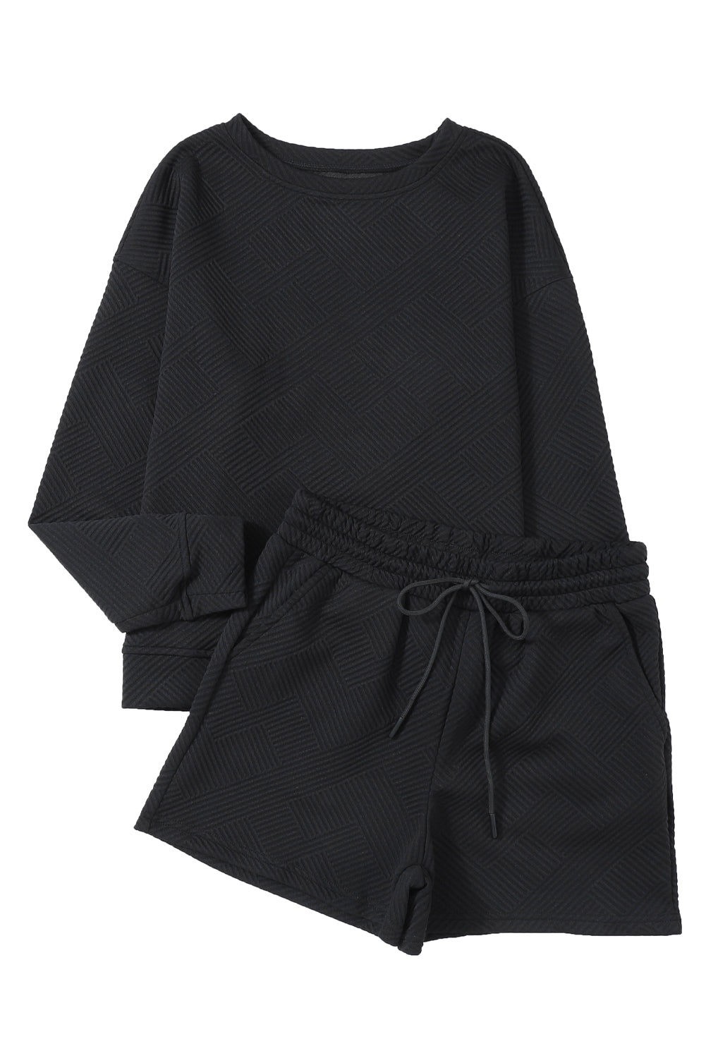 Black Textured Long Sleeve Top & Drawstring Shorts Set - The Fair Lady Shop