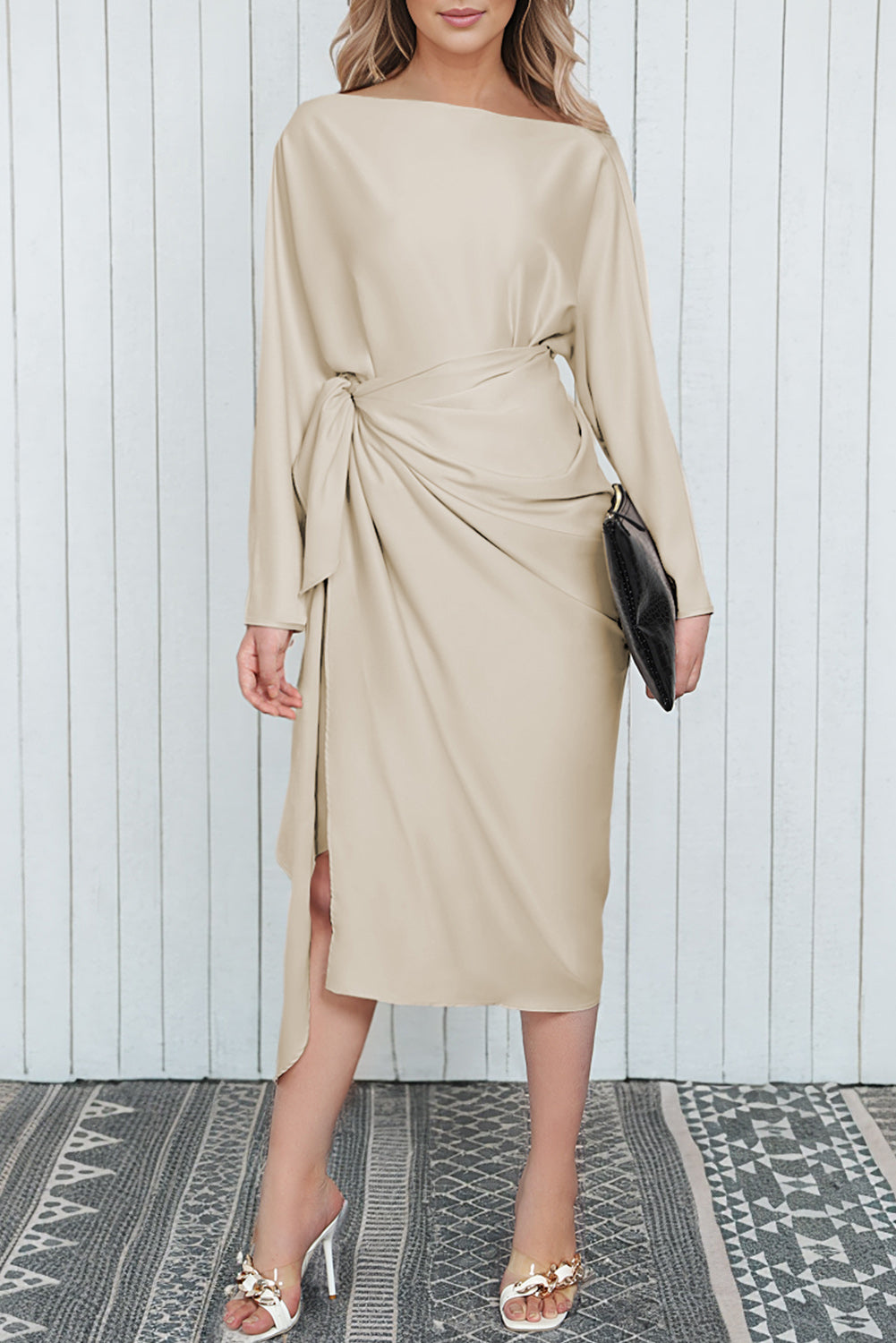 Apricot Satin Elegant Wrap Tie Side Boat Neck Long Sleeve Dress - The Fair Lady Shop