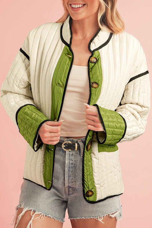 Green Stripe Colorblock Stand Neck Coat - The Fair Lady Shop