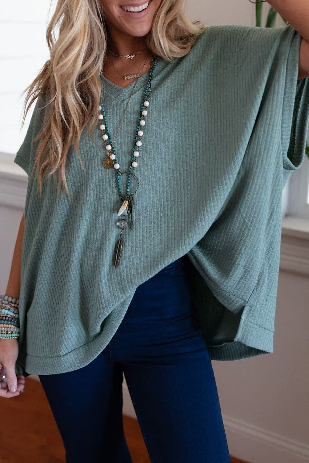 Moonlight Jade Oversized Ribbed Knit V Neck Short Sleeve Top - The Fair Lady Shop
