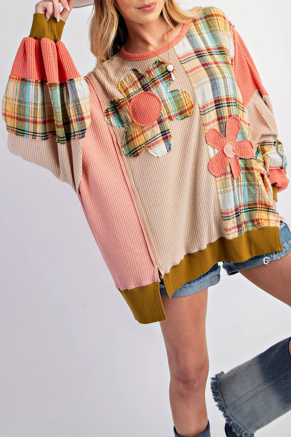 Multicolor Plaid Flower Patchwork Waffle Drop Shoulder Loose Top - The Fair Lady Shop